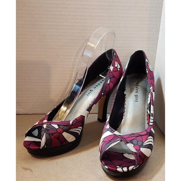 Madden‎ Girl Lauren Purple Wine Floral Platform Open Toe High Heel Shoes Sz 7.5 - Picture 1 of 12